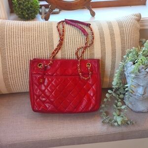 Chanel Red Lambskin Quilted Tote Bag